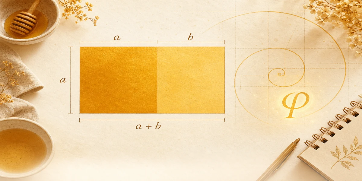Warm grid paper with a golden rectangle diagram, phi symbol, and golden spiral for Golden Rectangle Calculator blog articles